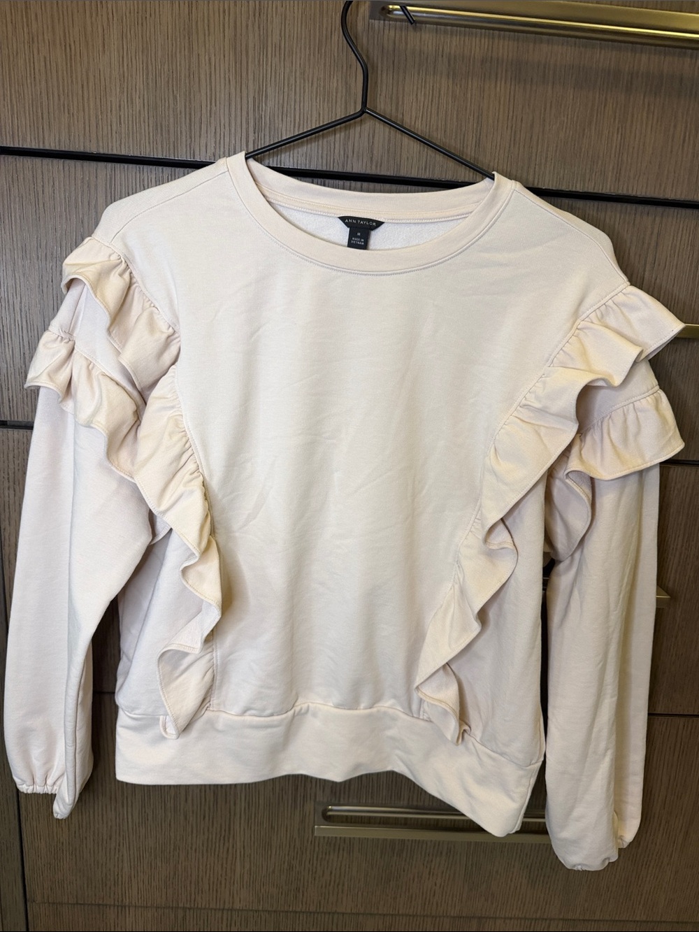 Ann Taylor Ruffle-Trim Crewneck Sweatshirt in Light Cream